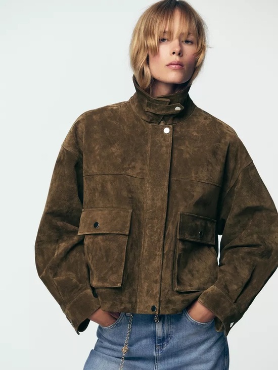 Zara Jackets & Blazers - NWT Zara 100% Leather Suede Bomber Jacket Khaki Dusty Cocoa Brown